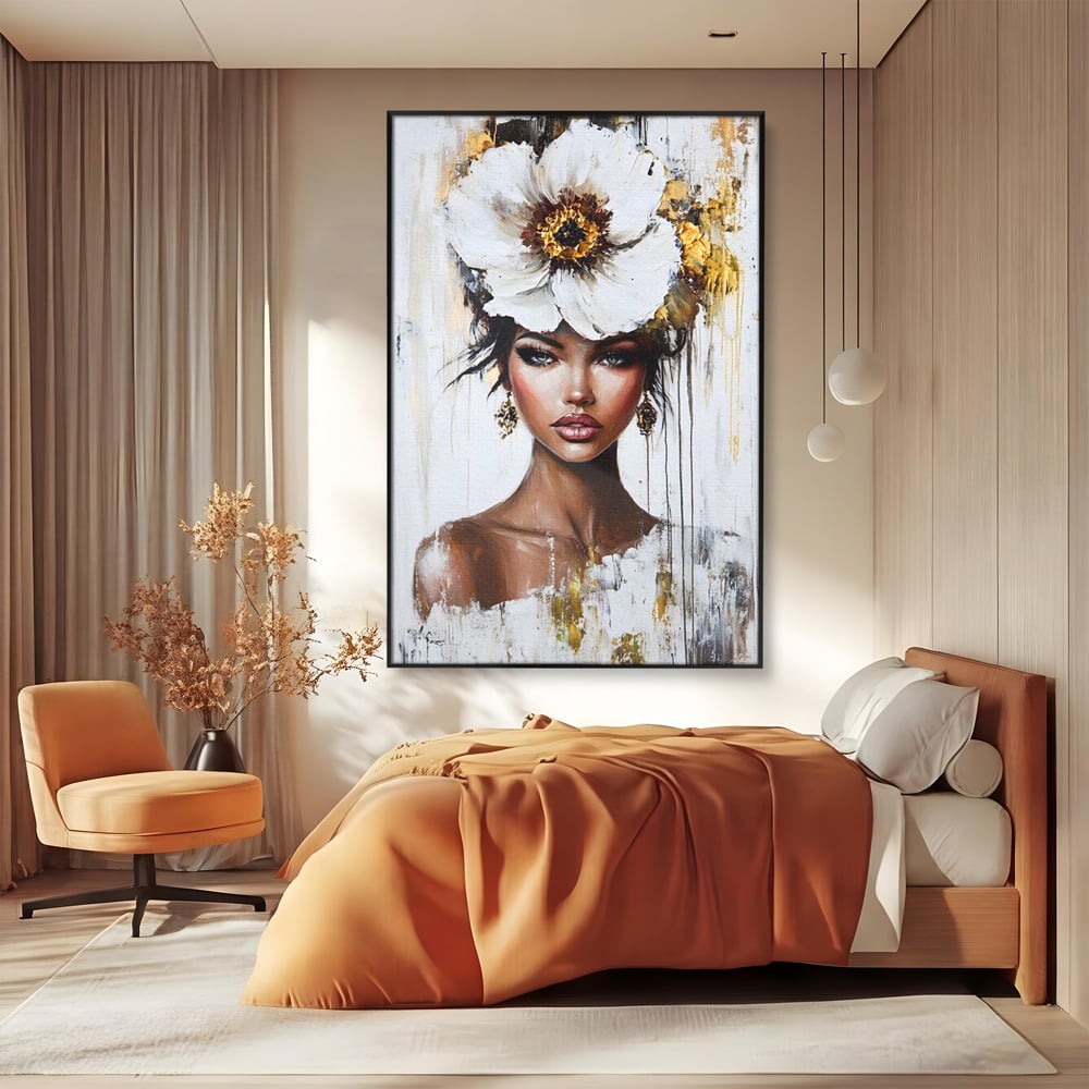 Tablou canvas cu tablou canvas cu portret feminin si floare, in rama de aluminiu negru, pe perete intr-un dormitor